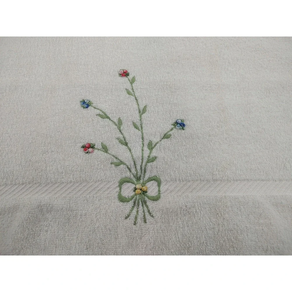 Vintage Fieldcrest Embroidered Floral Towel Set 6pc Cotton Cream Made in USA